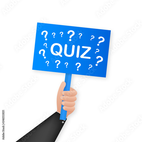 Quiz. Cartoon poster with hand holding placard for banner design. Banner, Billboard design. Vector stock illustration