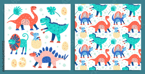 Set of little cute dinosaurs postcards. Triceratops, T-rex, diplodocus, stegosaurus, dino eggs. Prehistoric animals. Jurassic world. Flat cartoon colourful vector hand drawn seamless pattern, texture.