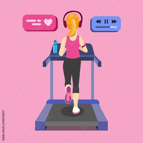 young woman running on treadmill. from back view with modern sport equipment, sports water bottle. Cartoon Flat Vector illustration.