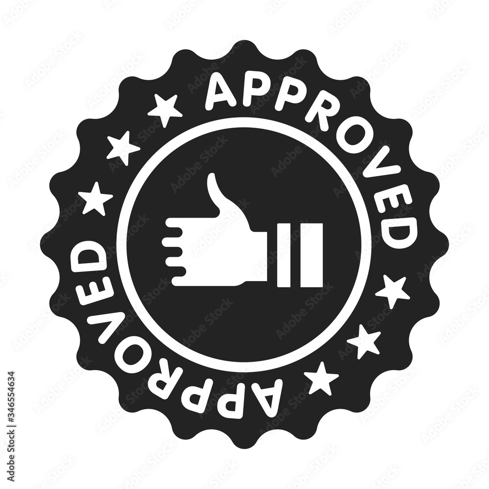 Approved stamp black glyph icon. Successful check concept. Certified, validation element. Sign for web page, mobile app. Vector isolated object. Approved stamp black glyph icon. Successful check concept. Certified, validation element. Sign for web page, mobile app. Vector isolated object.