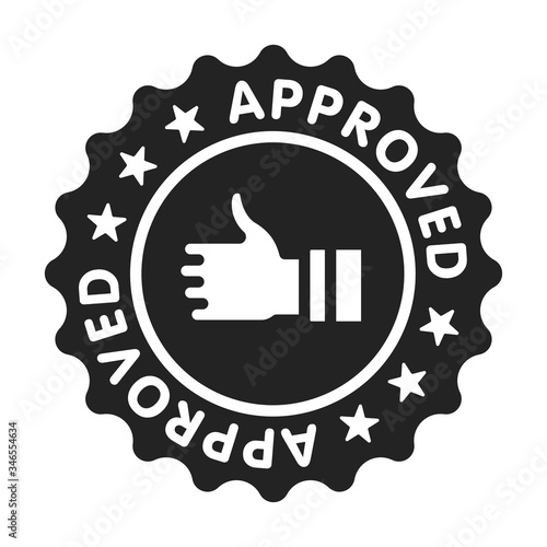 Approved stamp black glyph icon. Successful check concept. Certified, validation element. Sign for web page, mobile app. Vector isolated object.