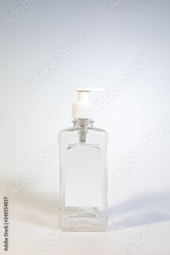 Alcohol Hand Sanitiser, Liquid Hand Wash Bottle Isolated on White Background, Coronavirus, Transparent Spray Bottle, Transparent Pump, Blue Liquid Disinfectant