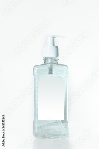 Alcohol Hand Sanitiser, Liquid Hand Wash Bottle Isolated on White Background, Coronavirus, Transparent Spray Bottle, Transparent Pump, Blue Liquid Disinfectant