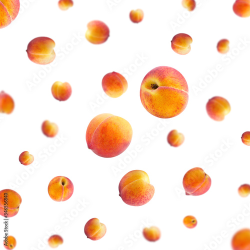 Peaches Flying in Air on White Background. Set of Falling Fresh Peach or Nectarines