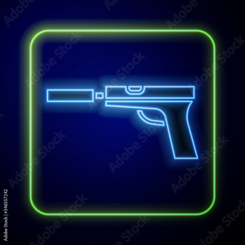 Glowing neon Pistol or gun with silencer icon isolated on blue background.  Vector Illustration