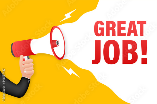 Hand Holding Megaphone with Great job. Megaphone banner. Web design. Vector stock illustration