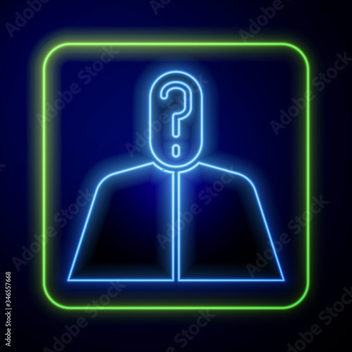 Glowing neon Anonymous man with question mark icon isolated on blue background. Unknown user, incognito profile, business secrecy, obscurity.  Vector Illustration