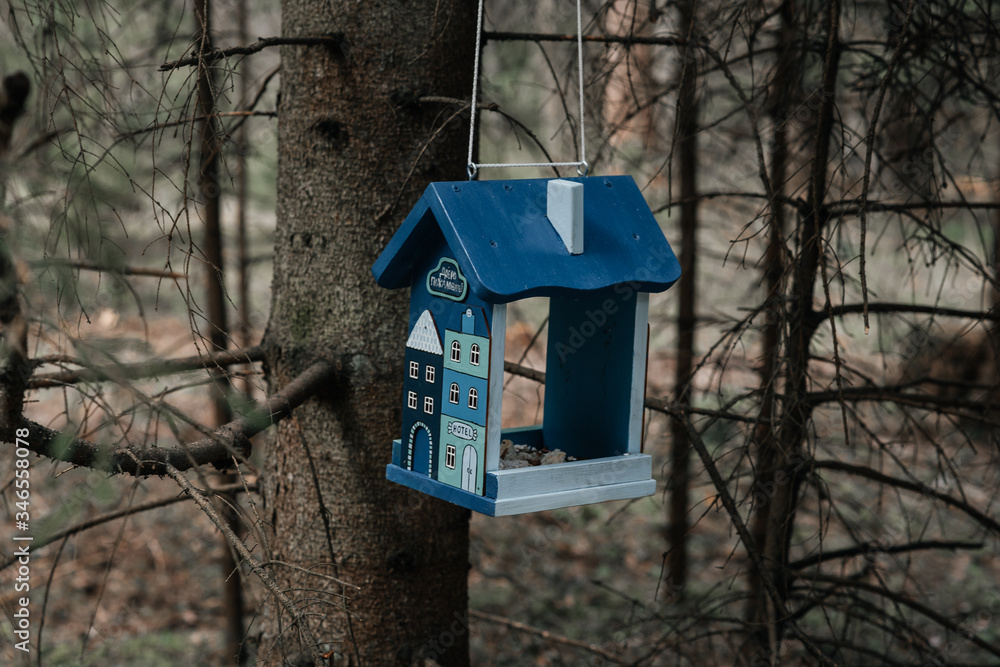 birdhouse weighs on a branch in the forest birdhouse weighs on a branch in the forest