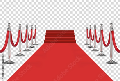 Red carpet on stairs with red ropes on silver stanchions