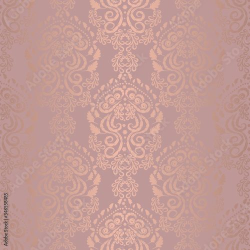 Damask openwork seamless floral pattern. Pink-beige gold background color, lace fabric in vector