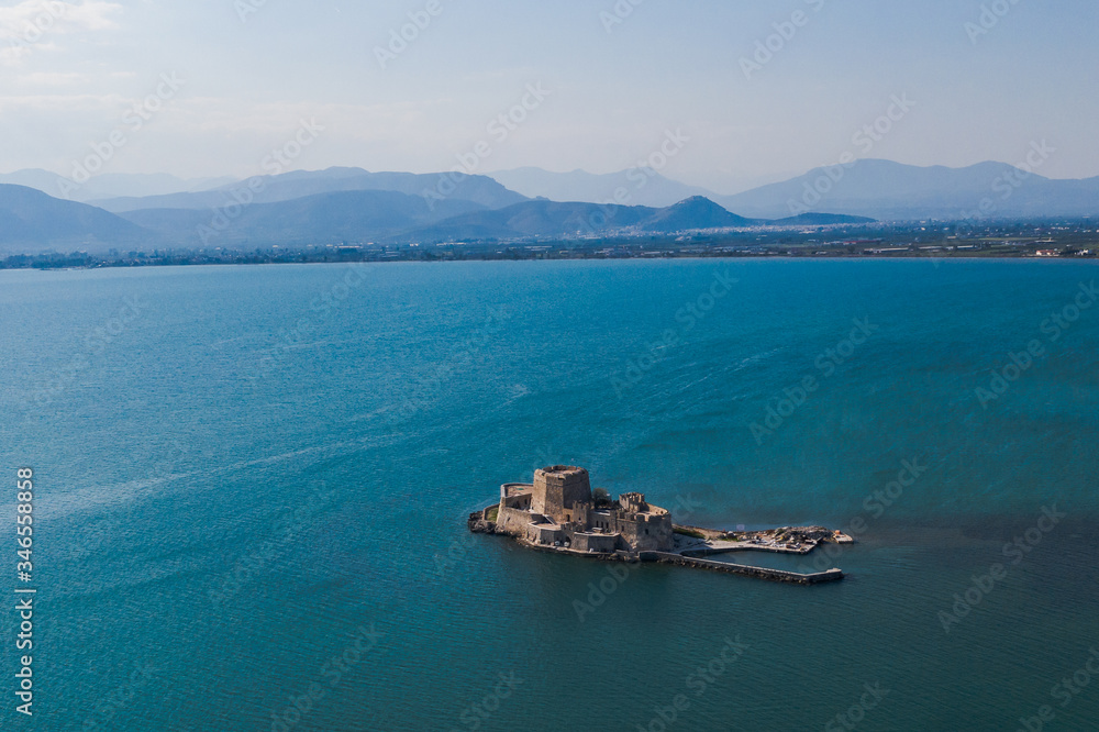 Aerial view of Old Venetian fortress on the island of Bourtzi, Nafplion, Greece