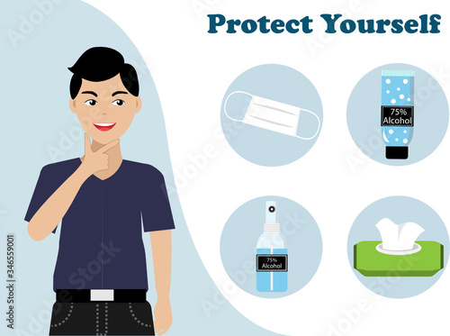New normal. COVID-19 prevention and protection. Man thinking of face mask, hand sanitizer alcohol gel, alcohol spray and wet wipes before going out to protect from COVID-19 corona virus spreading.