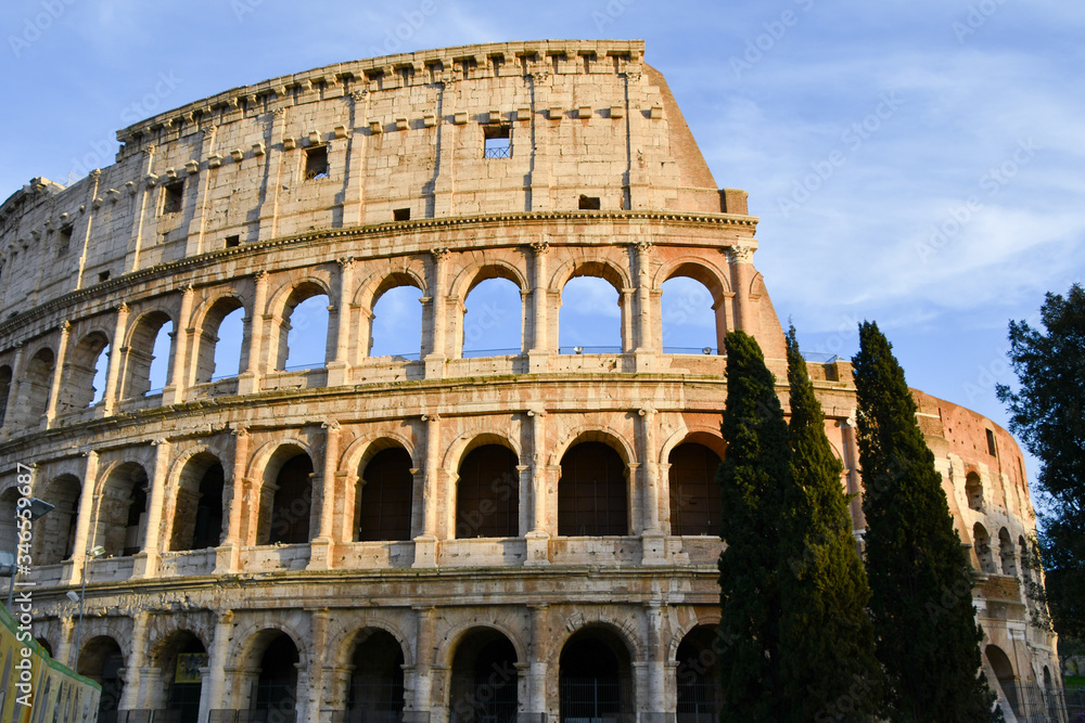 View on the exterior of the Colosseum during sunset