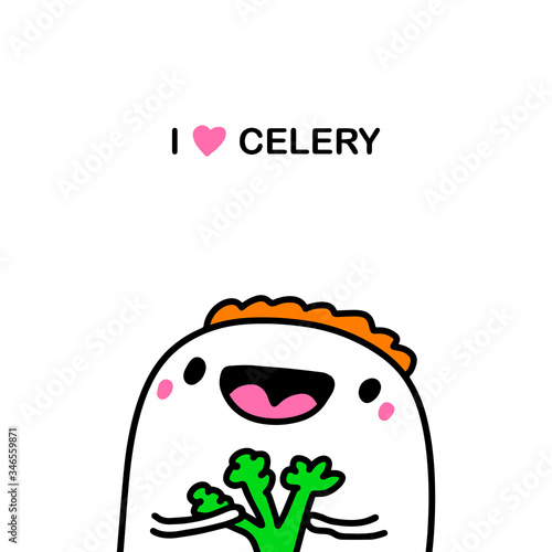 I love celery hand drawn vector illustration in cartoon comic style man vegan eating green plant