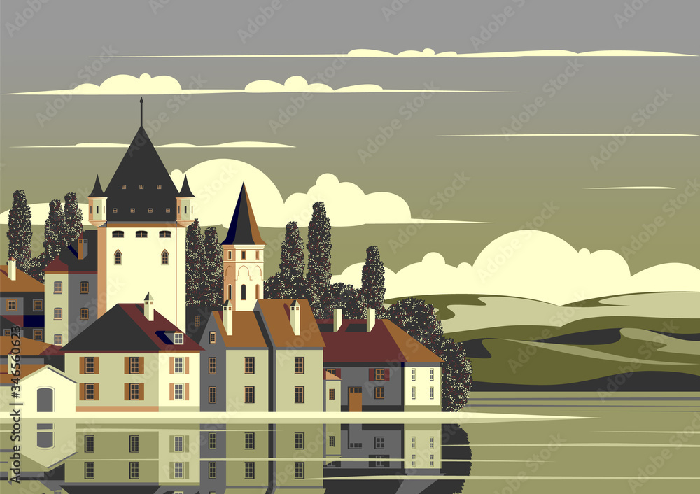 Rural landscape with a medieval castle in the first plan, a river and hills in the background. Rural landscape with a medieval castle in the first plan, a river and hills in the background.