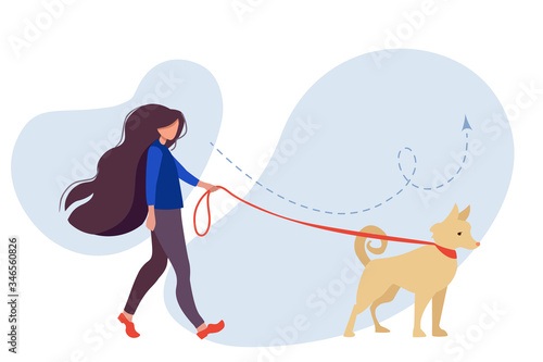 Woman walking a dog in the summer. Cute vector illustration in flat style.