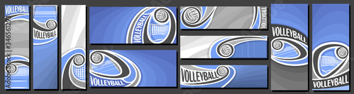 Vector set of Volleyball Banners, vertical and horizontal decorative templates for volleyball events with illustration of sport court and flying on curve trajectory volleyball ball on grey background.
