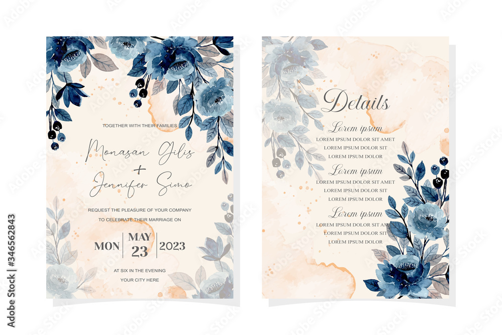 wedding invitation card with blue watercolor floral abstract background