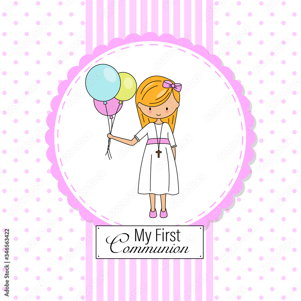 First communion card. Little girl with colored balloons First communion card. Little girl with colored balloons