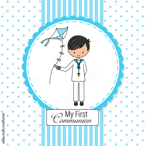 First communion card. Little boy with colored balloons