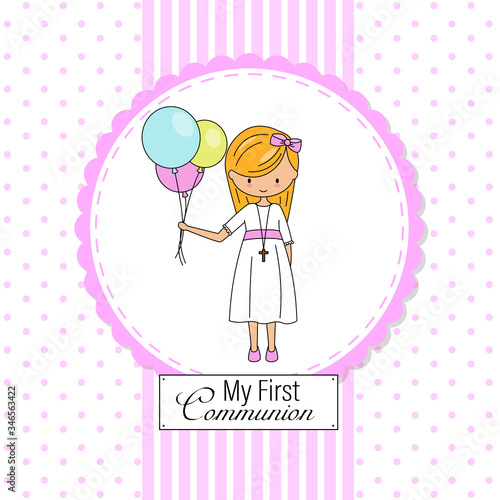 First communion card. Little girl with colored balloons