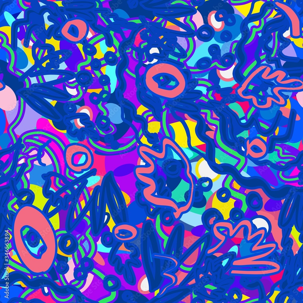 Geometric pattern fiction psychedelic. Neon current shapes vibrant. Vivid tropical flowers. Abstract vector pattern suitable for printing children's prints on textiles, fabrics, clothes, boys, girls. Geometric pattern fiction psychedelic. Neon current shapes vibrant. Vivid tropical flowers. Abstract vector pattern suitable for printing children's prints on textiles, fabrics, clothes, boys, girls.