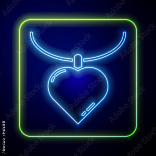 Glowing neon Necklace with heart shaped pendant icon isolated on blue background. Jewellery decoration. International Happy Women Day.  Vector Illustration