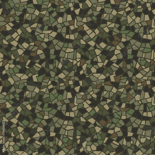 MILITARY MOSAIC TILE SEAMLESS PATTERN. Abstract pattern. Army color mosaic. Vector crack stone marble background. Endless rock concrete texture. Ceramic tile fragments. Terrazzo floor print.