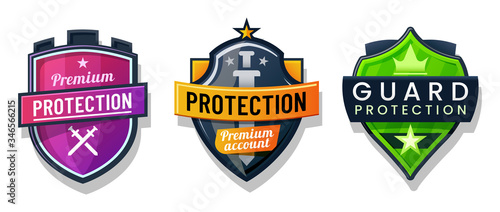Shield protection icons, security safety signs set