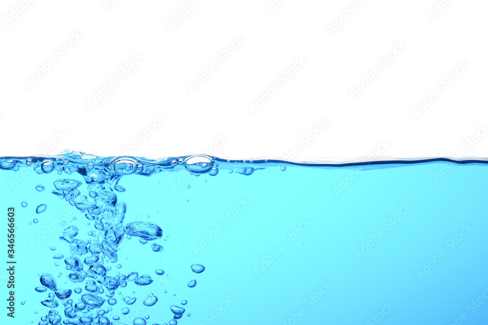 Blue sea water wave with bubbles on white background, (drink more water concept) Blue sea water wave with bubbles on white background, (drink more water concept)