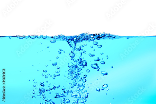 Blue sea water wave with bubbles on white background, (drink more water concept)