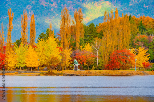 Japan. Autumn landscape Kawaguchiko. Lake, autumn trees and mountains. Trees with yellow and red leaves on the shore of lake Kawaguchiko. Fuji. Autumn view on the background of mountains.