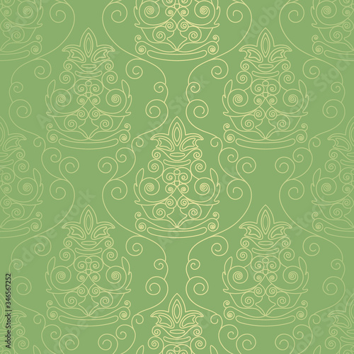 Imperial Victorian shiny green Wallpaper, openwork, Lacy gold fabric in vector. Ornament with a crown design element