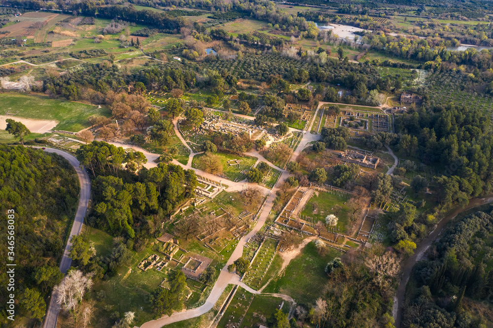 Obraz premium Aerial bird's eye view photo taken by drone of archaeological site of Ancient Olympia, Peloponnese, Greece