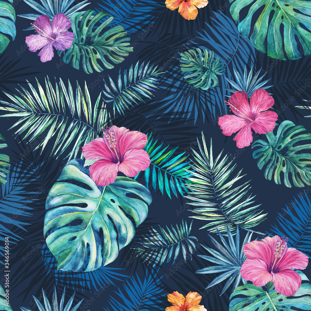 Seamless tropical watercolor pattern on a blue background. 