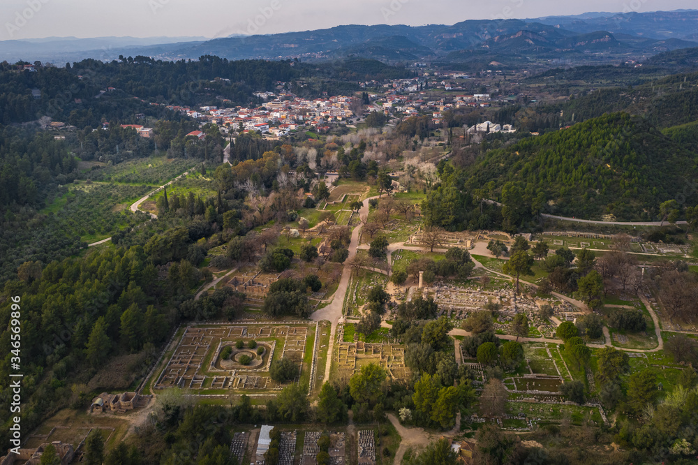 Aerial bird's eye view photo taken by drone of archaeological site of Ancient Olympia, Peloponnese, Greece