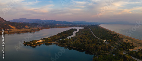 Amazing high definition aerial Panorama view of Kaiafas or Thermal Springs of Kaiafas. It is a natural spa in the municipality of Zacharo in southwestern Greece. Elis, Greece, Europe. © Mariana Ianovska