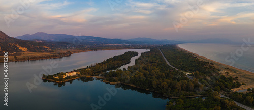 Amazing high definition aerial Panorama view of Kaiafas or Thermal Springs of Kaiafas. It is a natural spa in the municipality of Zacharo in southwestern Greece. Elis, Greece, Europe.