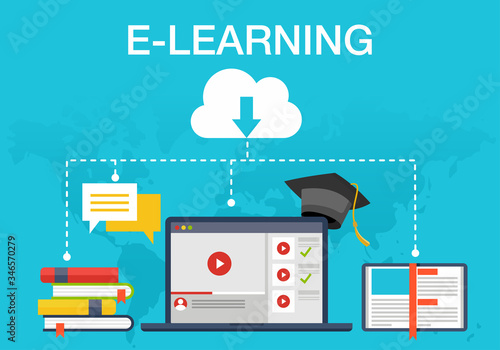 Vector illustration of online learning. Suitable for promotion of E-Learning services, distance teaching, and learning web backgrounds. Internet technology in the world of education.