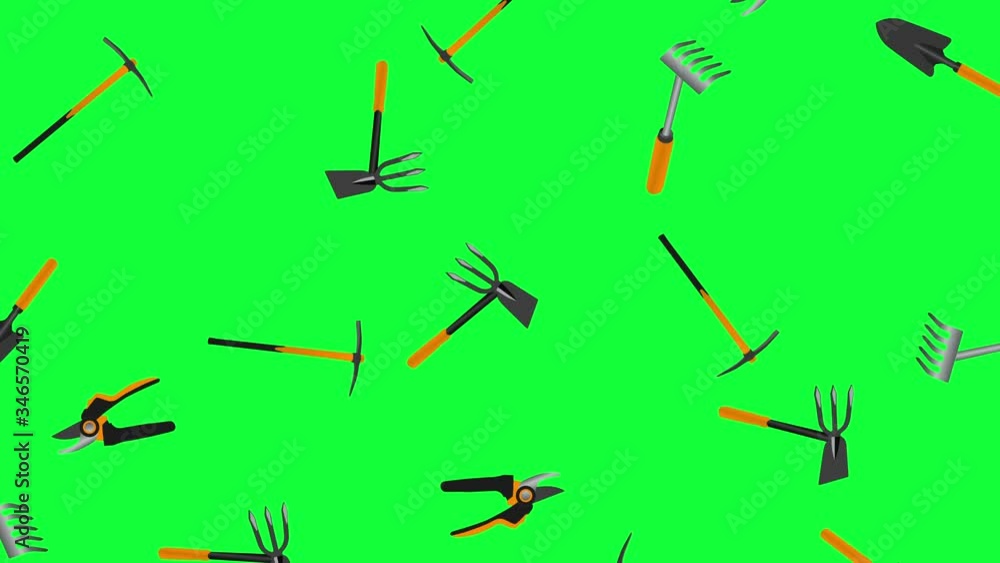 Working gardening tools elements animation, seamless loop on green screen chroma key Working gardening tools elements animation, seamless loop on green screen chroma key