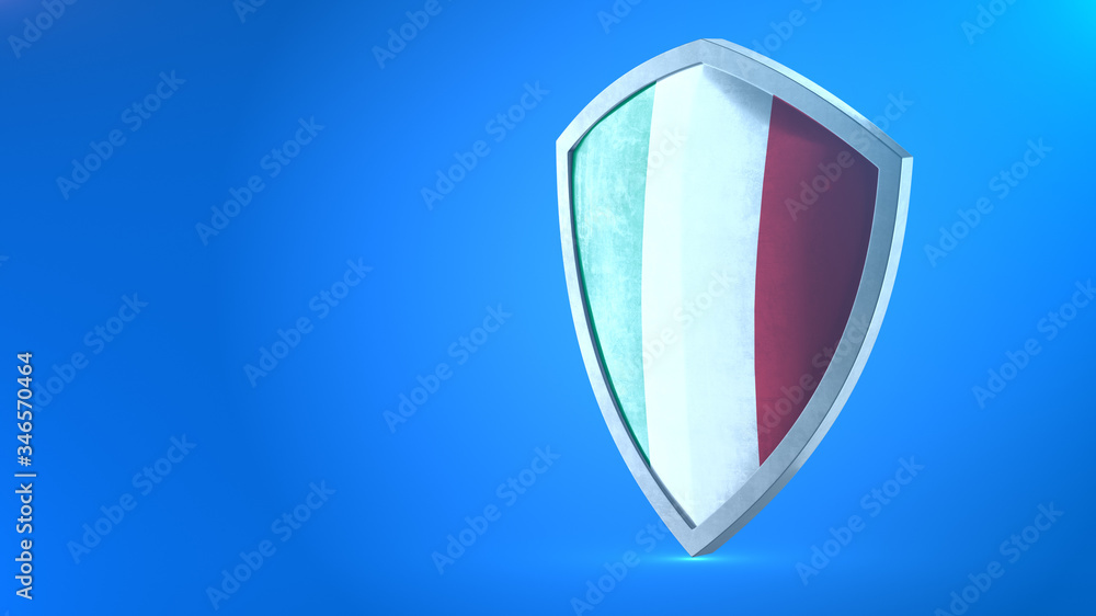Protection shield and safeguard concept. Shiny steel armor painted as Italian national flag. Safety badge icon. Privacy banner. Security label and Defense sign. Force and strong symbol. 3D rendering Protection shield and safeguard concept. Shiny steel armor painted as Italian national flag. Safety badge icon. Privacy banner. Security label and Defense sign. Force and strong symbol. 3D rendering