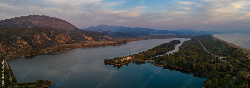 Amazing high definition aerial Panorama view of Kaiafas or Thermal Springs of Kaiafas. It is a natural spa in the municipality of Zacharo in southwestern Greece. Elis, Greece, Europe.