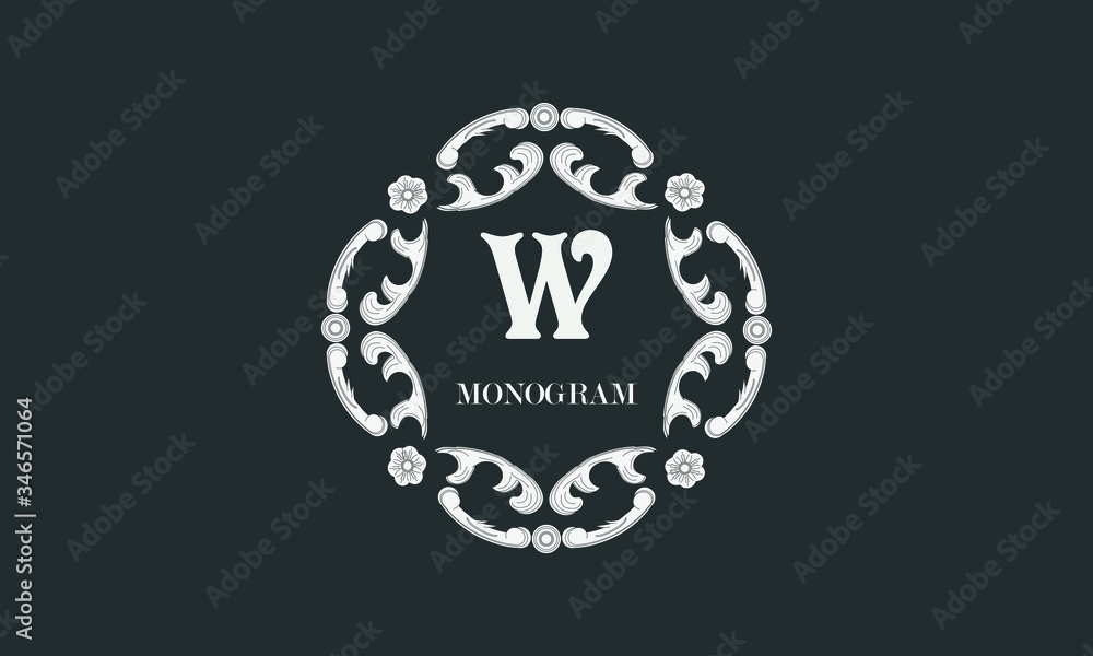 Vintage flower monogram with the letter W. Exquisite three-dimensional logo. Luxury frame for business sign, label, boutique brand, hotel, restaurant, heraldry.