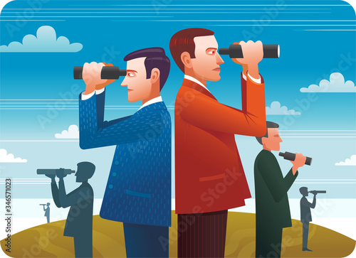 Business people stand on top of the hill using .binoculars looking for success, opportunities, future business trends.