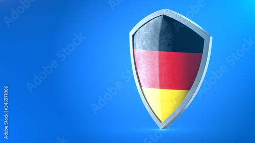 Protection shield and safeguard concept. Shiny steel armor painted as German national flag. Safety badge icon. Privacy banner. Security label and  Defense sign. Force and strong symbol. 3D rendering