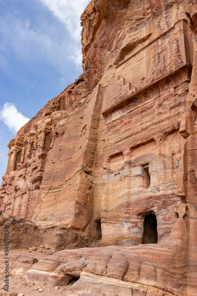 The Royal Tombs facade in the rock-cut sandstone in the ancient of Petra, Jordan