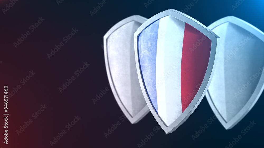 Protection shield and safeguard concept. Shiny steel armor painted as French national flag. Safety badge icon. Privacy banner. Security label and defense sign. Force and strong symbol. 3D rendering Protection shield and safeguard concept. Shiny steel armor painted as French national flag. Safety badge icon. Privacy banner. Security label and defense sign. Force and strong symbol. 3D rendering