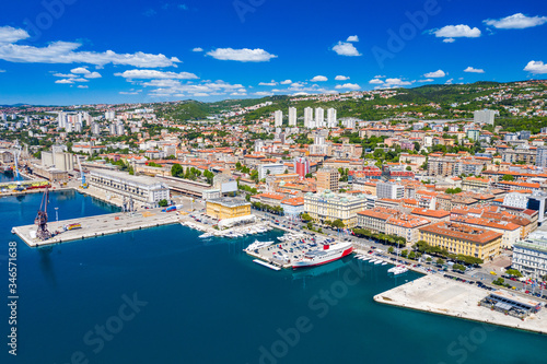 Croatia, city of Rijeka, aerial panoramic view of harbor, seascape and skyline of the city center photo