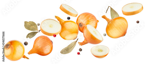 Falling onion isolated on white background with clipping path