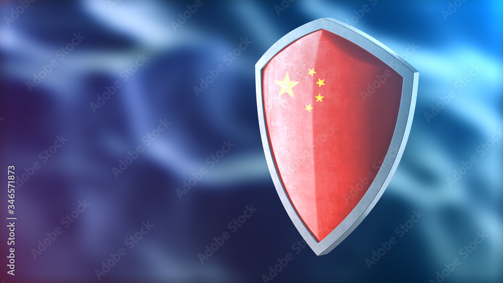 Protection shield and safeguard concept. Shiny steel armor painted as Chinese national flag. Safety badge icon. Privacy banner. Security label and defense sign. Force and strong symbol. 3D rendering Protection shield and safeguard concept. Shiny steel armor painted as Chinese national flag. Safety badge icon. Privacy banner. Security label and defense sign. Force and strong symbol. 3D rendering